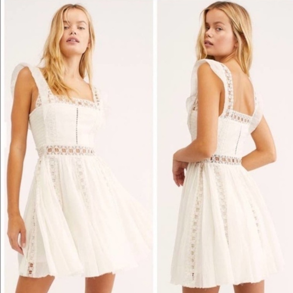 FREE PEOPLE Verona Off-white Lace Cotton Mini Dress In Ivory